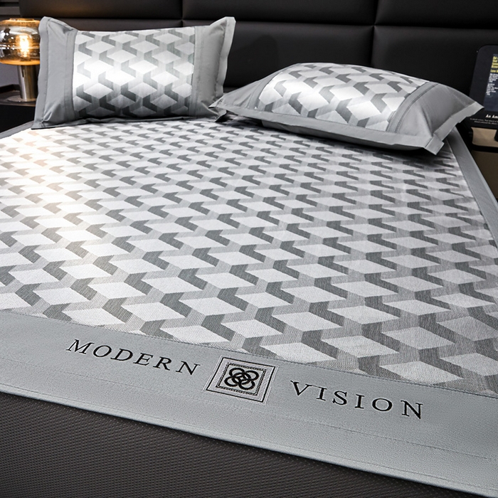 91家纺网 家纺一手货源 找家纺 全季家居 2025新款5A抗菌3D立体冰柔凉感冰丝席 菱形-银灰 床笠款