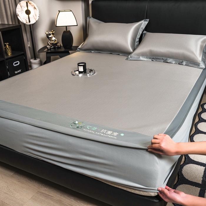 91家纺网 家纺一手货源 找家纺 全季家居 2025新款5A加厚加密艾草碳光席冰丝席 床笠-浅灰