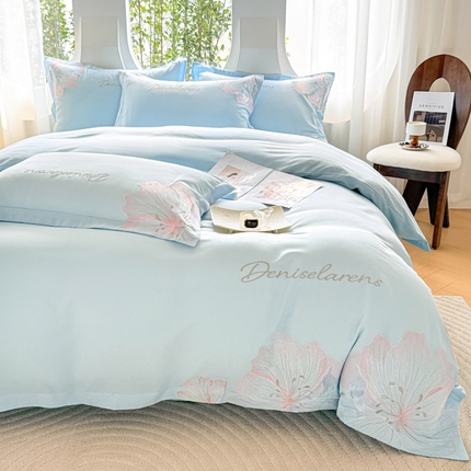 花愿（原花纪） 2025新款加密水洗棉绣花四件套-花语 天空蓝