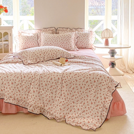 仟网汇 2025新款赫本针织双层纱夏被夏凉被空调被床盖四件套单夏被单床盖单品 花季