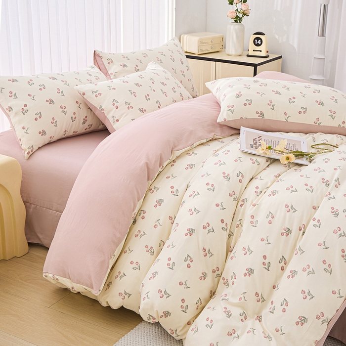 91家纺网 家纺一手货源 找家纺 蕾诺家纺 2025新款直播新款A类有氧提花云纱棉圆角吊边工艺四件套学生三件套 少女花季