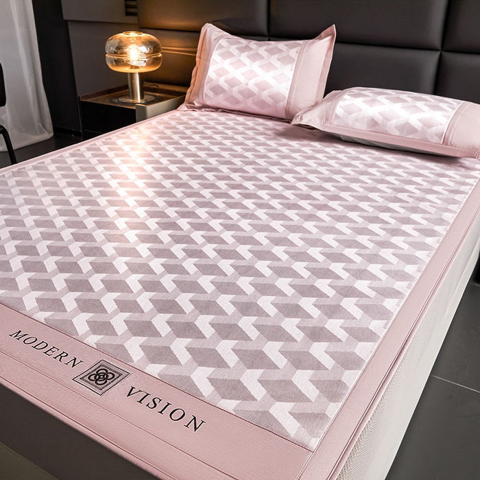 91家纺网 家纺一手货源 找家纺 全季家居 2025新款5A抗菌3D立体冰柔凉感冰丝席 菱形-淡粉 床笠款