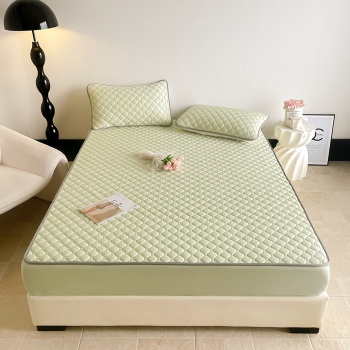 91家纺网 家纺一手货源 找家纺 2025新款加厚乳胶床笠款经典纯色夏被套件 方格-果绿