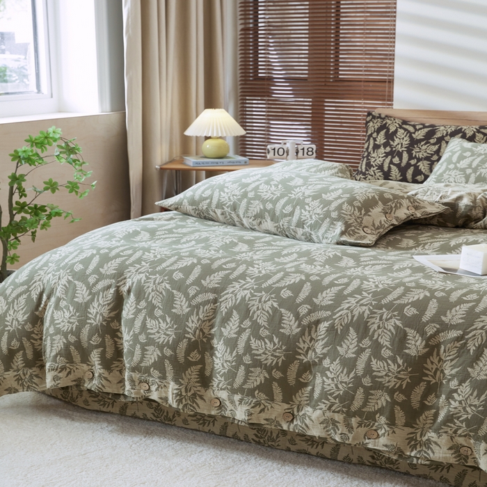 91家纺网 家纺一手货源 找家纺 2025新款全棉色织双层纱纽扣款四件套 扶苏-绿