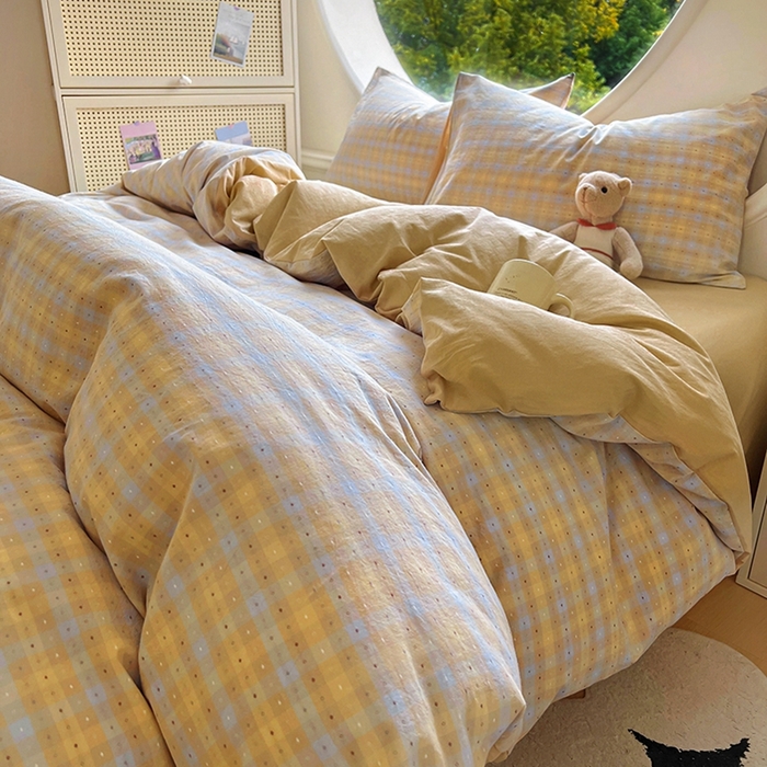 91家纺网 家纺一手货源 找家纺 田野 2025新款全棉水洗棉提花点点系列四件套 点点-兰咖