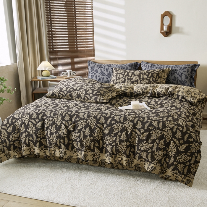 91家纺网 家纺一手货源 找家纺 2025新款全棉色织双层纱纽扣款四件套 扶苏-深咖