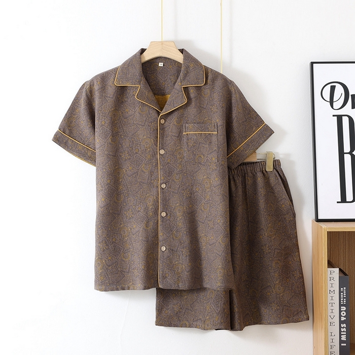 91家纺网 家纺一手货源 找家纺 洛兰沙家居馆【只代发】【只代发】2025新款男款休闲色织纯棉双层纱布睡衣夏季薄款长袖短袖宽松家居服外穿 短袖C001