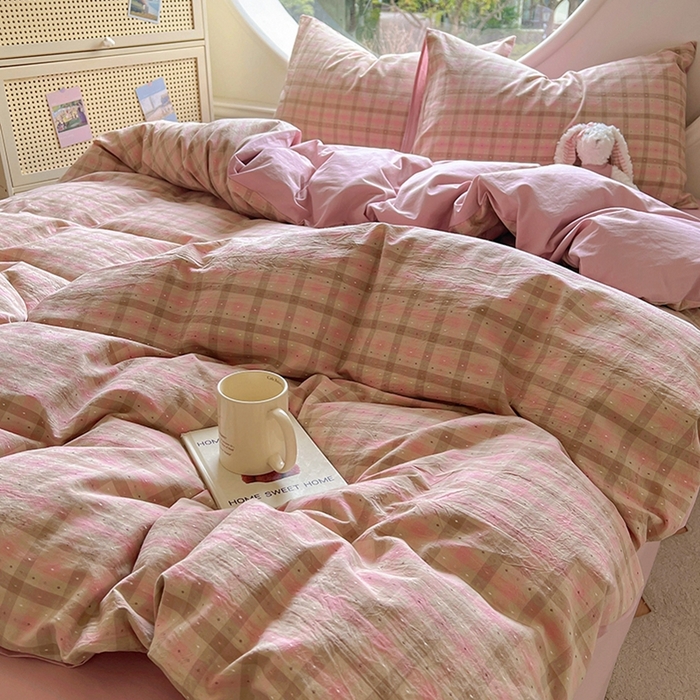 91家纺网 家纺一手货源 找家纺 田野 2025新款全棉水洗棉提花点点系列四件套 点点-粉