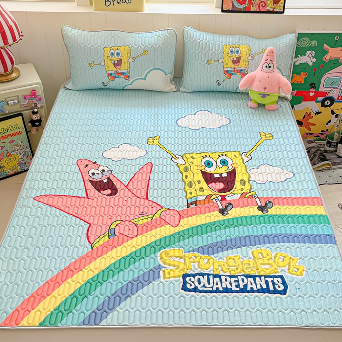 91家纺网 家纺一手货源 找家纺 金爱家 2025新款海绵宝宝乳胶凉席床席款凉席席子 床席款-彩虹海绵宝宝