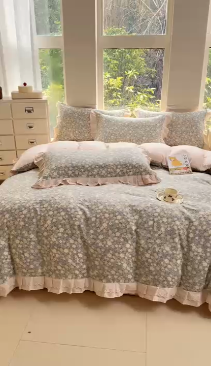 91家纺网 家纺一手货源 找家纺 晨晨家纺2025新款全棉双层花边双层纱四件套 韩式清新-灰