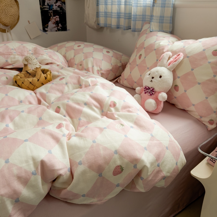 91家纺网 家纺一手货源 找家纺 塔塔家居  2025新款全棉纯棉双层纱四件套 草莓酱·粉