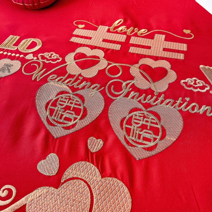 91家纺网 家纺一手货源 找家纺 2025新款100支150克双面长绒棉婚庆绣花四件套 吾家有喜