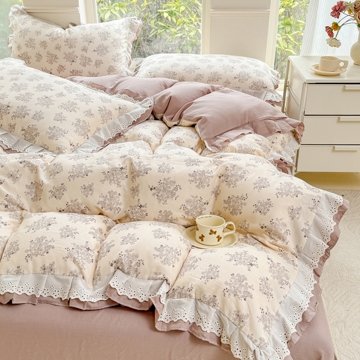 91家纺网 家纺一手货源 找家纺 晨晨家纺2025新款全棉双层花边双层纱四件套 雪莉-咖