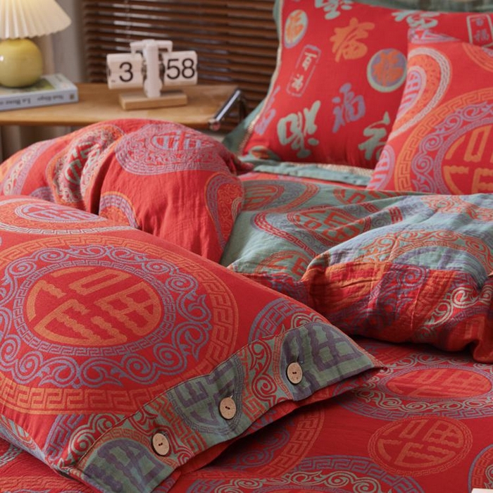 91家纺网 家纺一手货源 找家纺 2025新款全棉色织双层纱纽扣款四件套 福星高照