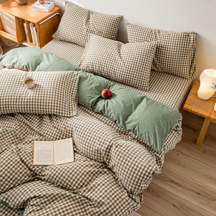 91家纺网 家纺一手货源 找家纺 2025新款A类色织水洗棉单被套 绿小格