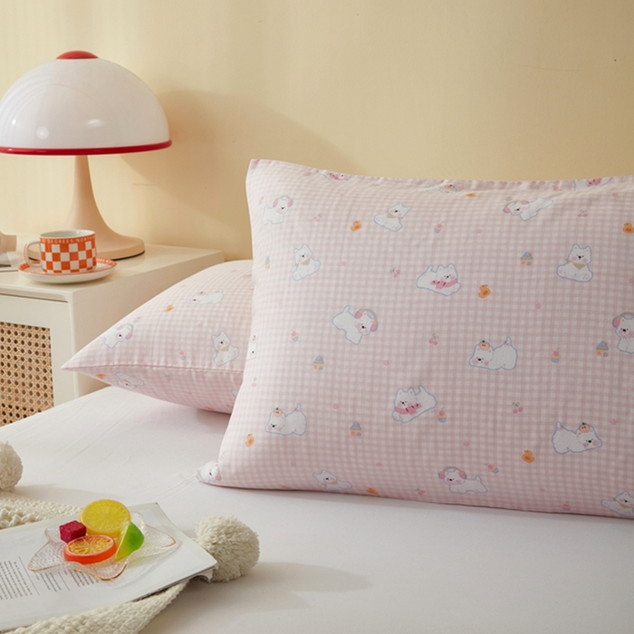 91家纺网 家纺一手货源 找家纺 2025款A类母婴级全棉双层纱枕套_4032 格子狗粉