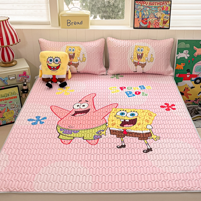 91家纺网 家纺一手货源 找家纺 金爱家 2025新款海绵宝宝乳胶凉席床席款凉席席子 床席款-粉粉海绵宝宝