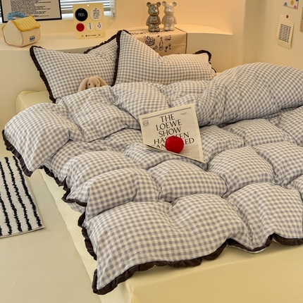 凯洛奇 2025新款1法式小清新蕾丝花边水洗棉四件套-风格一【提供买家秀】 皱皱纱花边-蓝小格