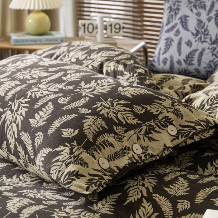 91家纺网 家纺一手货源 找家纺 2025新款全棉色织双层纱纽扣款四件套 扶苏-深咖