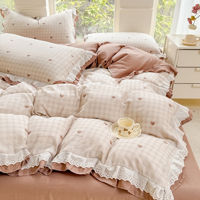 91家纺网 家纺一手货源 找家纺 晨晨家纺2025新款全棉双层花边双层纱四件套 心动-咖