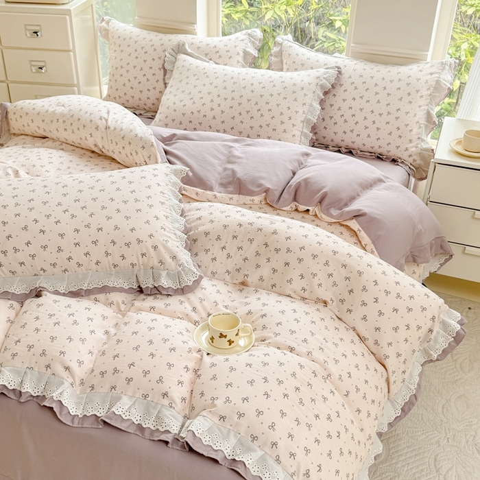 91家纺网 家纺一手货源 找家纺 晨晨家纺2025新款全棉双层花边双层纱四件套 法式少女-咖