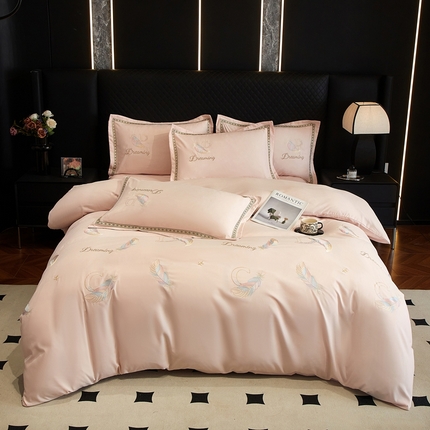 佳宇轩 2025爆款水洗棉五彩刺绣四件套简约轻奢织带绣花床单床笠被罩4件套-蜜羽 蜜羽-嫩粉