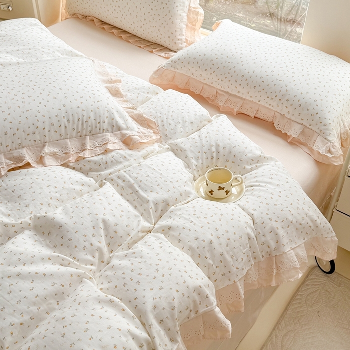 91家纺网 家纺一手货源 找家纺 晨晨家纺2025新款全棉双层花边双层纱四件套 花蕊-黄