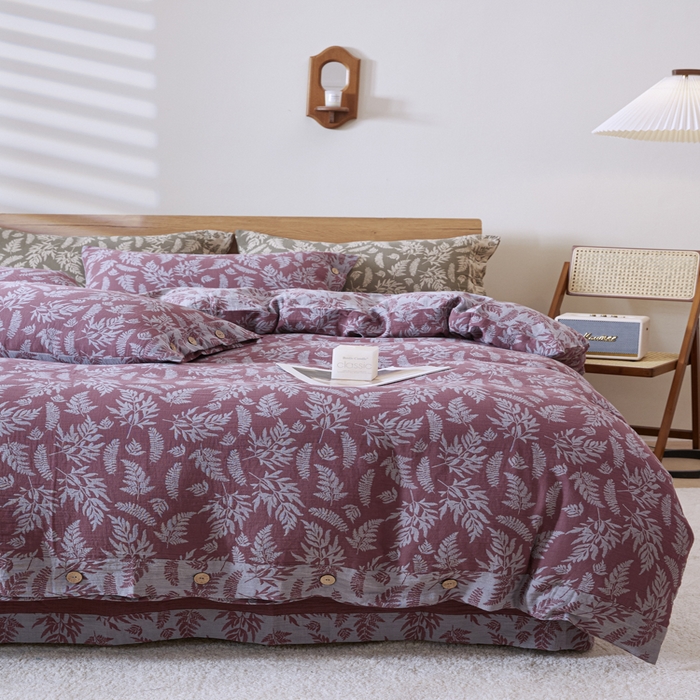 91家纺网 家纺一手货源 找家纺 2025新款全棉色织双层纱纽扣款四件套 扶苏-豆沙