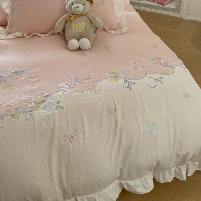 91家纺网 家纺一手货源 找家纺 ab家纺2025新款全棉水洗棉绣花四件套-夏莉儿 夏莉儿-微微粉