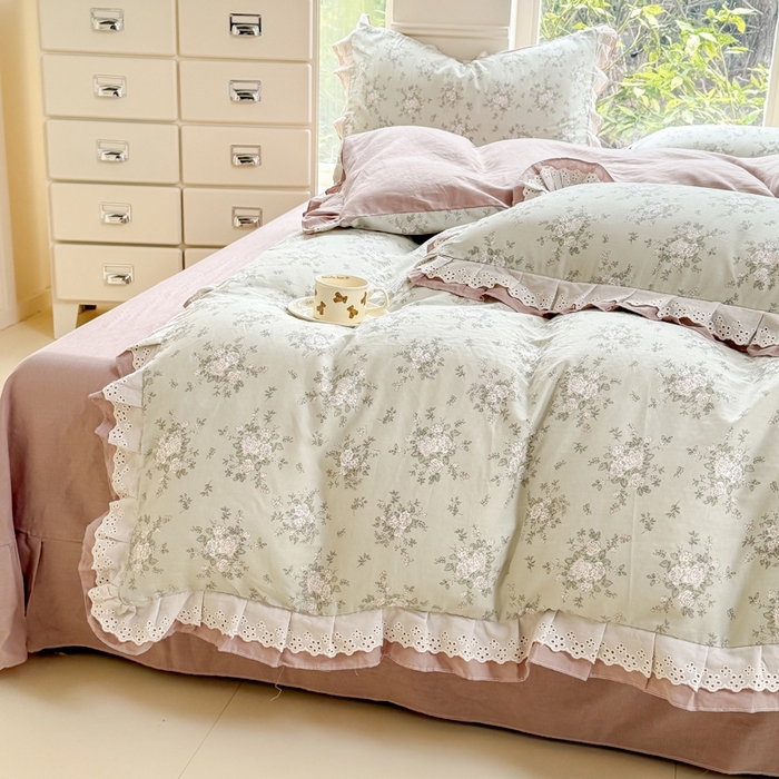 91家纺网 家纺一手货源 找家纺 晨晨家纺2025新款全棉双层花边双层纱四件套 浮生半日-绿