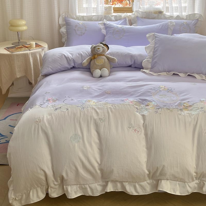 91家纺网 家纺一手货源 找家纺 ab家纺2025新款全棉水洗棉绣花四件套-夏莉儿 夏莉儿-香芋紫