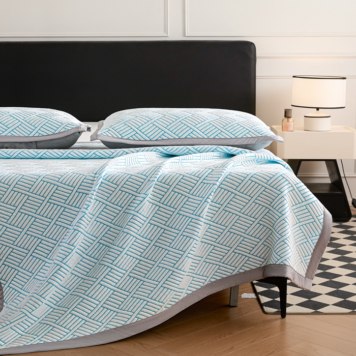 91家纺网 家纺一手货源 找家纺 2025新款韩国外贸爆款加厚PE中分子凉感豆豆软席 时空蓝-床席款