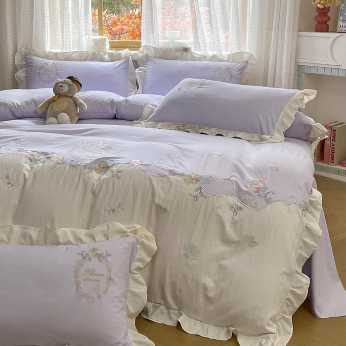 91家纺网 家纺一手货源 找家纺 ab家纺2025新款全棉水洗棉绣花四件套-夏莉儿 夏莉儿-香芋紫