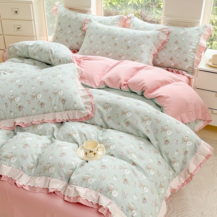 91家纺网 家纺一手货源 找家纺 晨晨家纺2025新款全棉双层花边双层纱四件套 秘密花园