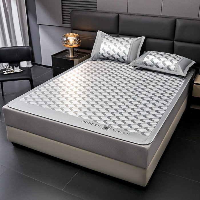 91家纺网 家纺一手货源 找家纺 全季家居 2025新款5A抗菌3D立体冰柔凉感冰丝席 菱形-银灰 床笠款