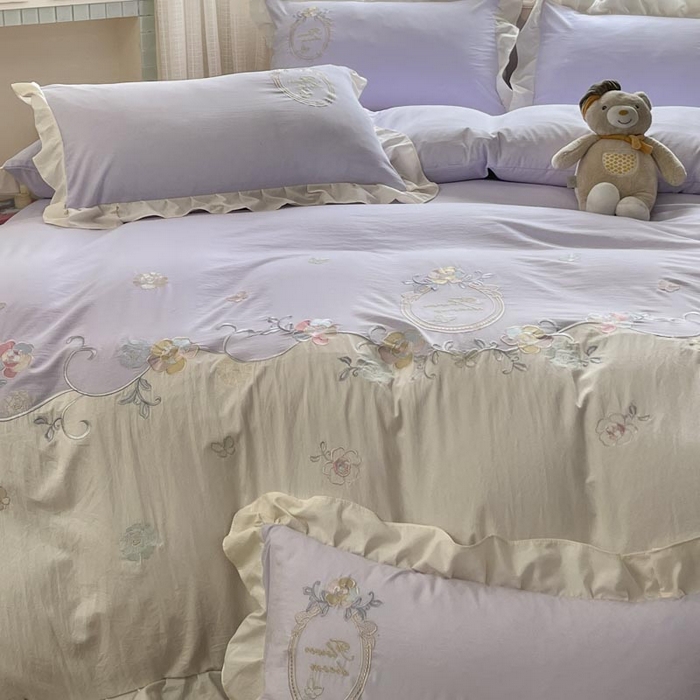 91家纺网 家纺一手货源 找家纺 ab家纺2025新款全棉水洗棉绣花四件套-夏莉儿 夏莉儿-香芋紫