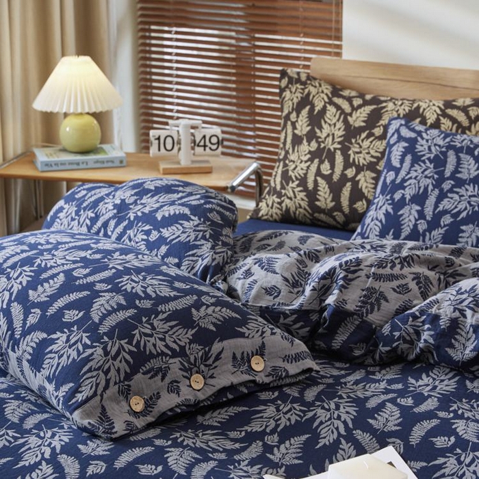 91家纺网 家纺一手货源 找家纺 2025新款全棉色织双层纱纽扣款四件套 扶苏-深兰