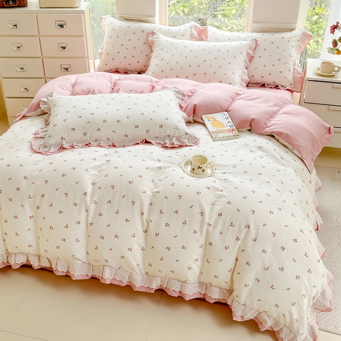 91家纺网 家纺一手货源 找家纺 晨晨家纺2025新款全棉双层花边双层纱四件套 秋实