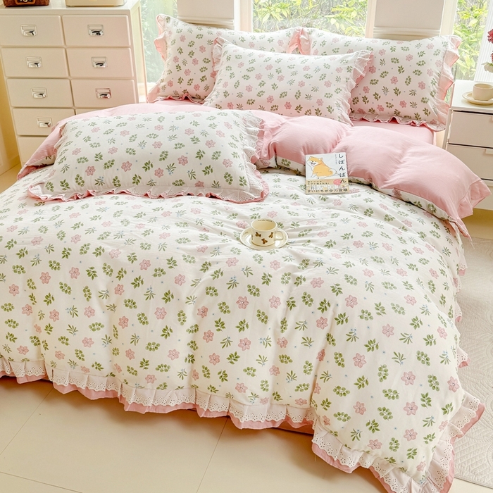 91家纺网 家纺一手货源 找家纺 晨晨家纺2025新款全棉双层花边双层纱四件套 絮语