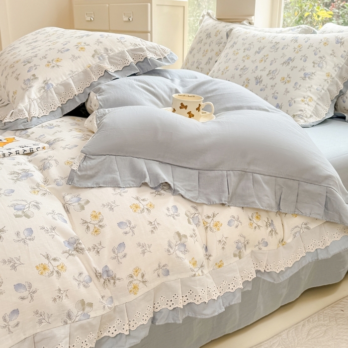 91家纺网 家纺一手货源 找家纺 晨晨家纺2025新款全棉双层花边双层纱四件套 伊甸园之梦-蓝