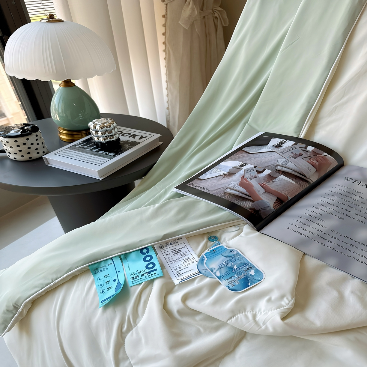 91家纺网 家纺一手货源 找家纺 兜米 2025夏季玻尿酸凉感冰皮被夏凉被空调被 米黄拼海青