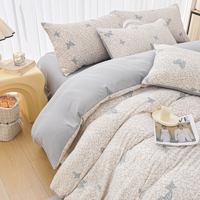 91家纺网 家纺一手货源 找家纺 蕾诺家纺 2025新款直播新款A类有氧提花云纱棉圆角吊边工艺四件套学生三件套 翩翩起舞