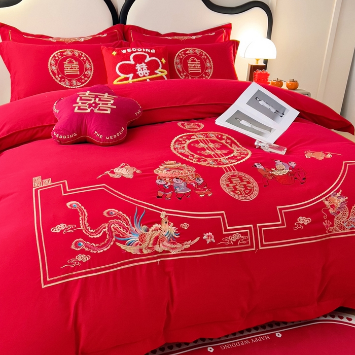 91家纺网 家纺一手货源 找家纺 2025新款100支150克双面长绒棉婚庆绣花四件套 龙凤九天