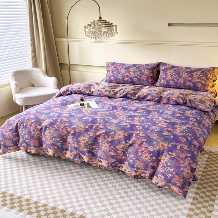 91家纺网 家纺一手货源 找家纺 2025新款全棉色织双层纱纽扣款四件套 花海-紫罗兰