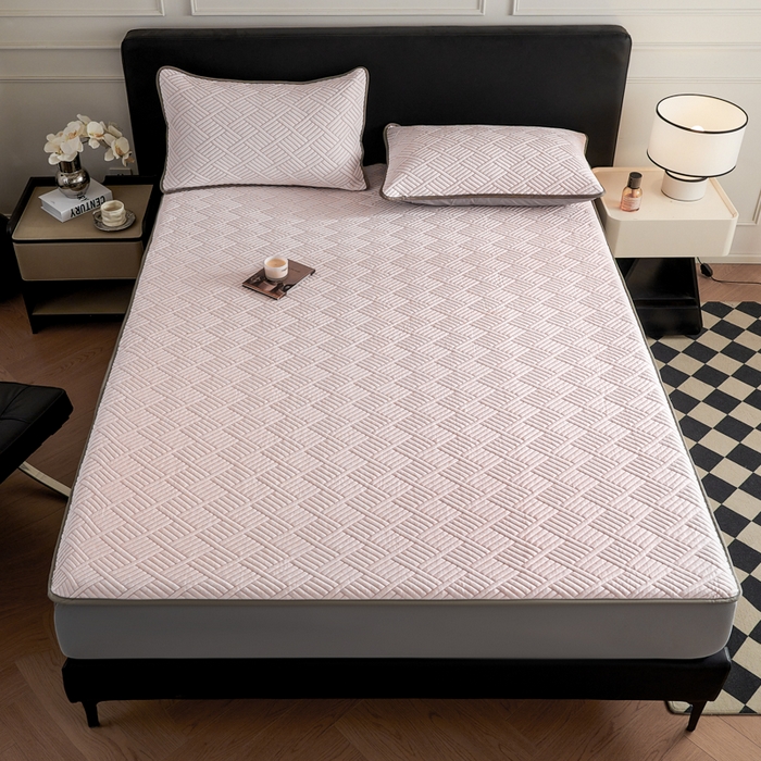 91家纺网 家纺一手货源 找家纺 2025新款韩国外贸爆款加厚PE中分子凉感豆豆软席 时空粉-床笠款