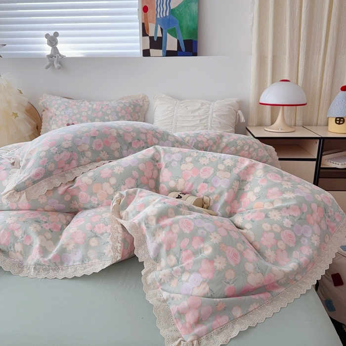 91家纺网 家纺一手货源 找家纺 于果 2025新款全棉双层纱花边款 手捧玫瑰