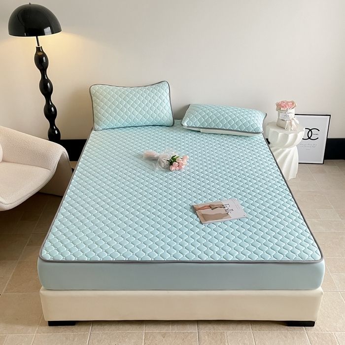 91家纺网 家纺一手货源 找家纺 2025新款加厚乳胶床笠款经典纯色夏被套件 方格-湖蓝