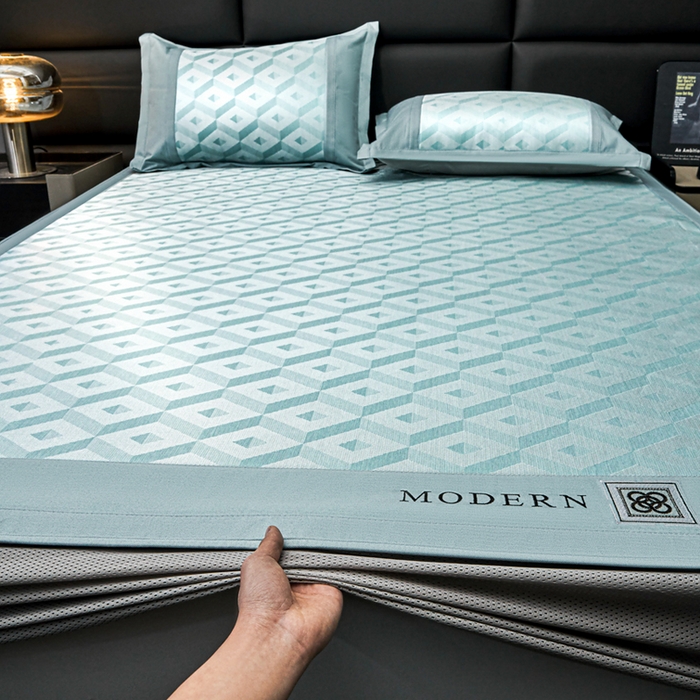 91家纺网 家纺一手货源 找家纺 全季家居 2025新款5A抗菌3D立体冰柔凉感冰丝席 格调-水绿 床笠款