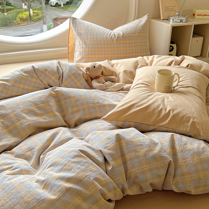 91家纺网 家纺一手货源 找家纺 田野 2025新款全棉水洗棉提花点点系列四件套 点点-兰咖