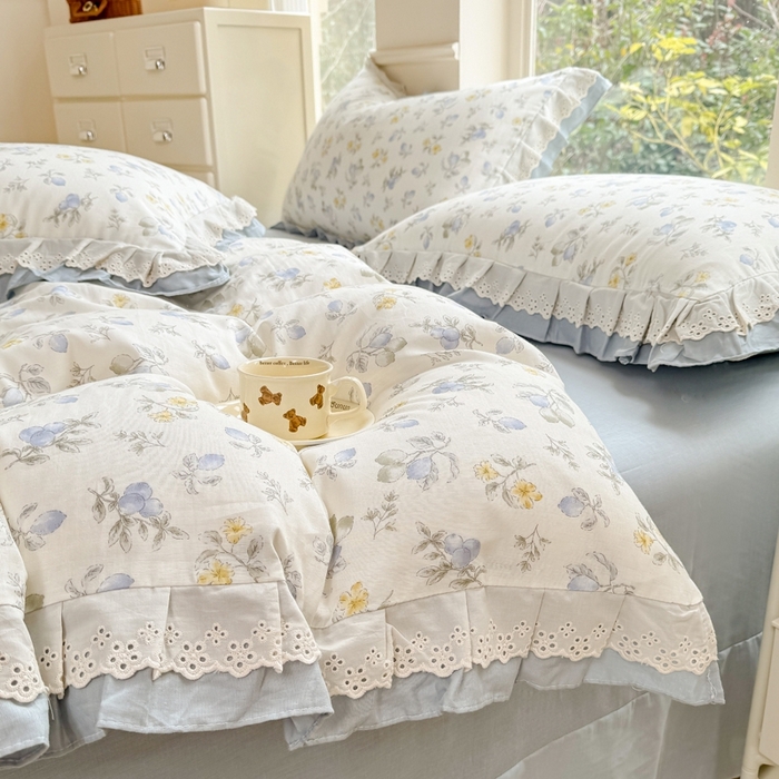 91家纺网 家纺一手货源 找家纺 晨晨家纺2025新款全棉双层花边双层纱四件套 伊甸园之梦-蓝